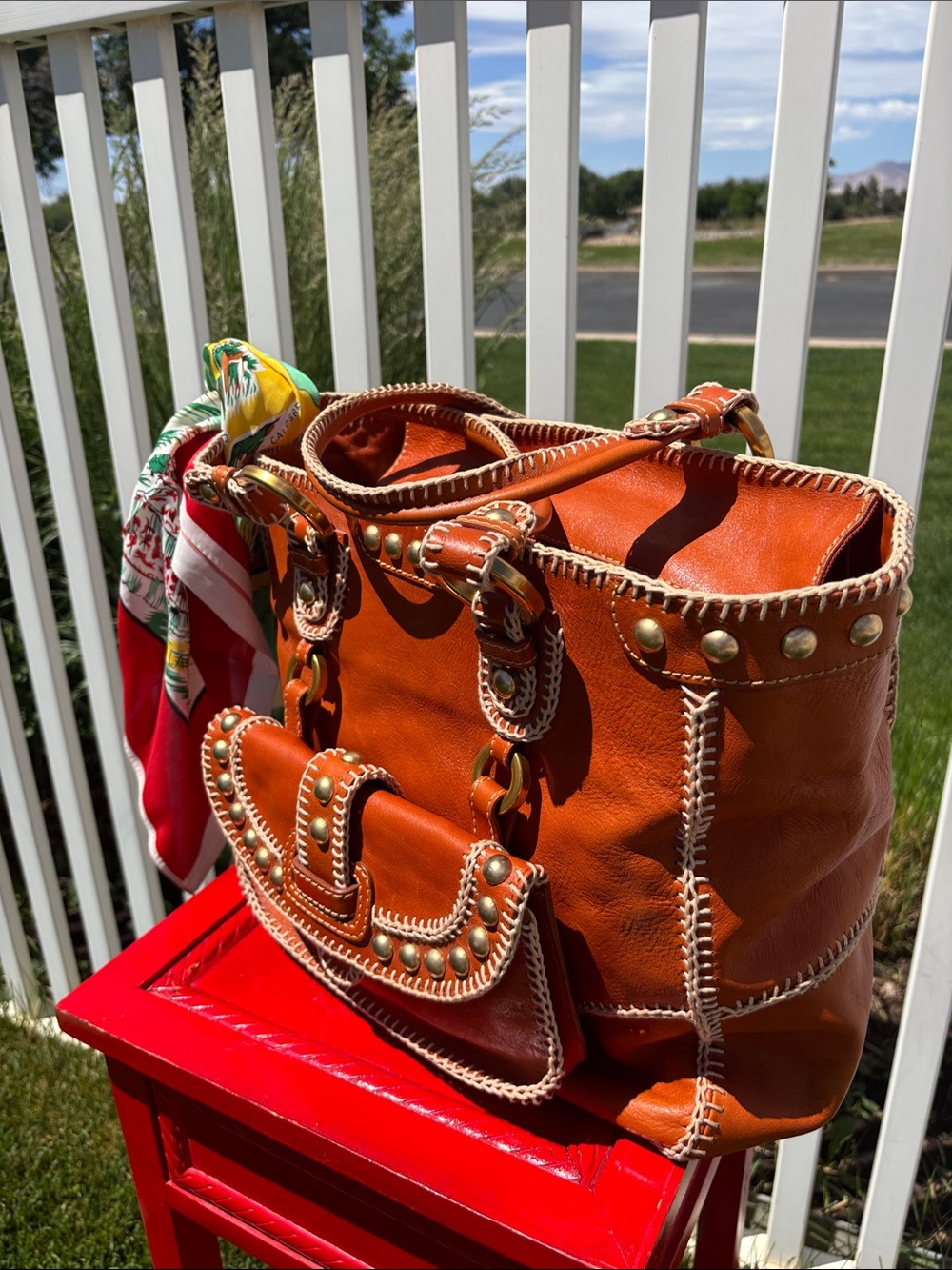 Isabella Fiore Leather Stiched Lrge Satchel, Vintage Panama Scarf, Gorgeous - Picture 2 of 11